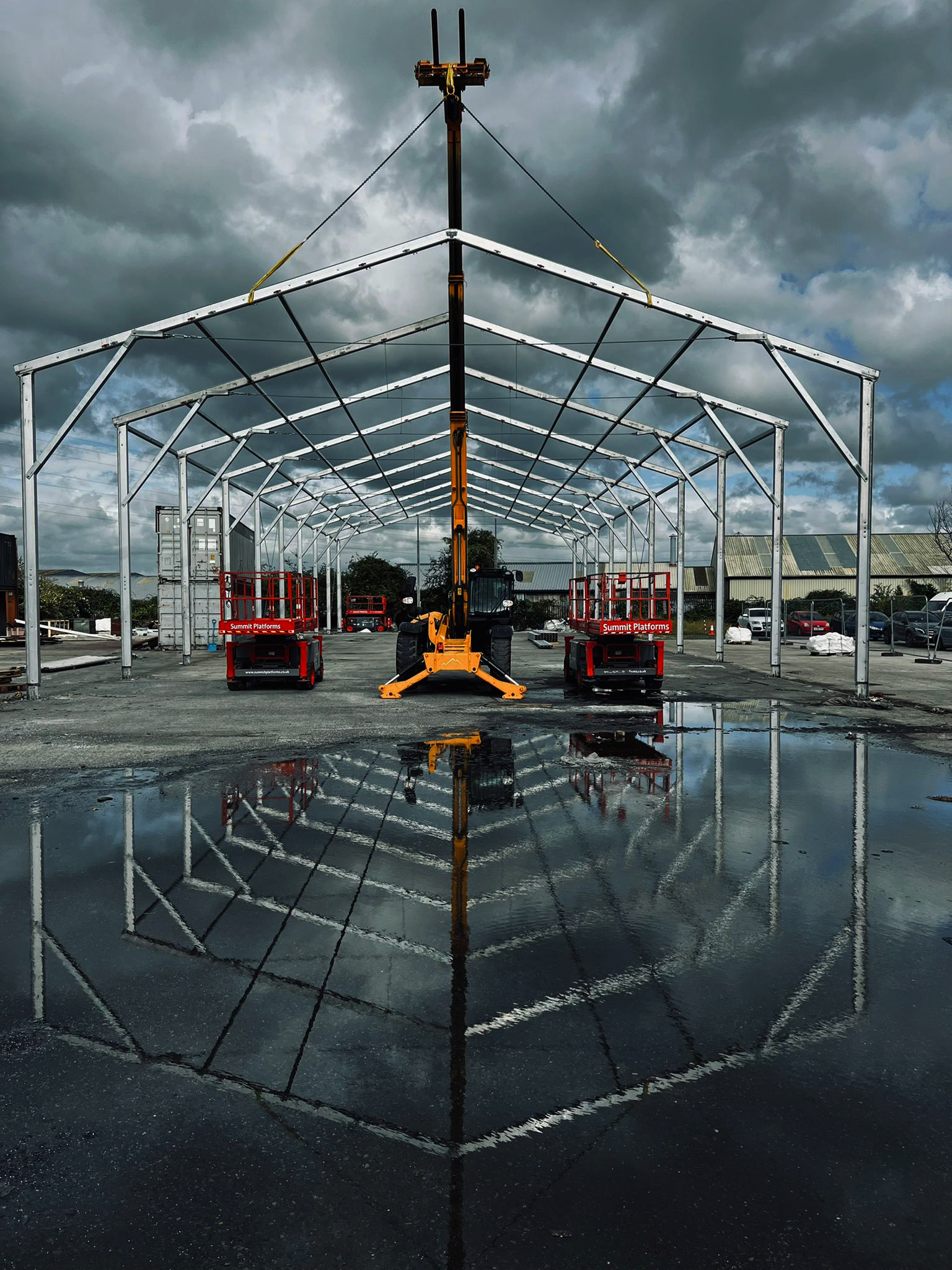 Temporary Building steel structure being erected.